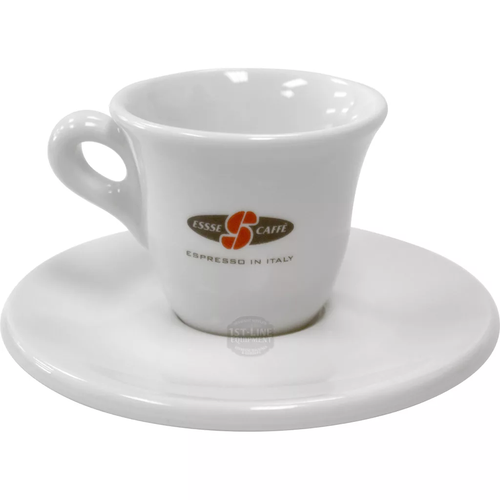 The DISCONTINUED Essse Caffe Espresso Cup & Saucer is a white ceramic cup with a handle, displaying the brands brown and orange logo, paired with a matching saucer. © 2025 1st-line.com