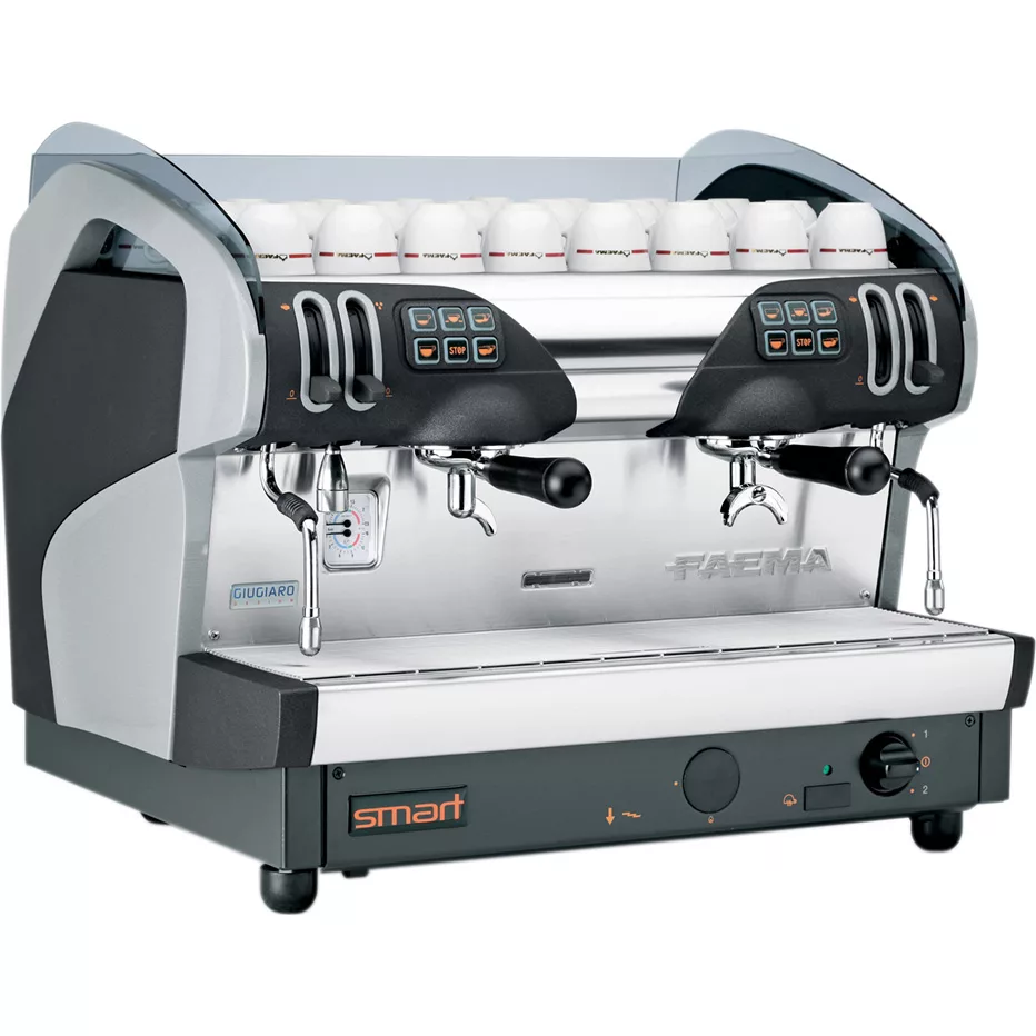 The DISCONTINUED Faema Smart A Commercial Espresso Machine is a fully-automatic, 2 group model with dual group heads and steam wands, designed for efficient café service. Multiple white cups are stacked on top. © 2025 1st-line.com