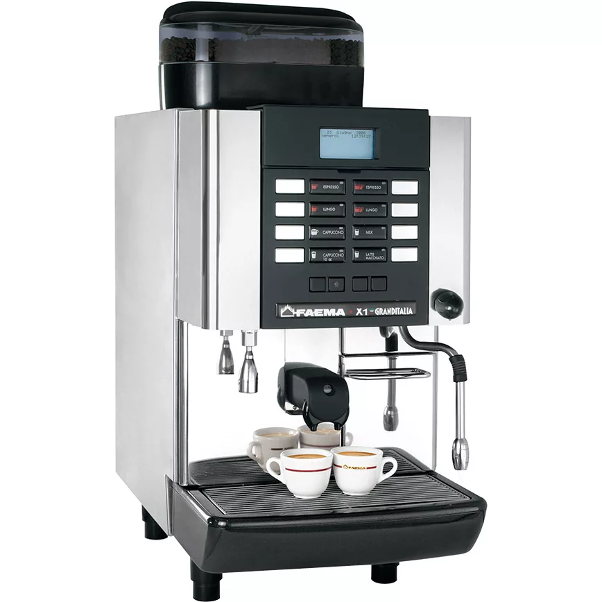 The DISCONTINUED - Faema X1 Granditalia Commercial Espresso Machine, a super-automatic model with buttons, display panel, dual steam wands, and a bean container on top, brews espresso into two small cups at once. © 2025 1st-line.com
