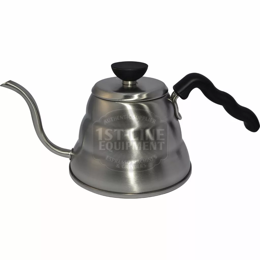 The DISCONTINUED Hario Buono V60 Drip Water Kettle - 1L is a stainless steel gooseneck kettle with a black handle and knob, made for precise pouring. 1st Line Equipment appears on its side. © 2025 1st-line.com