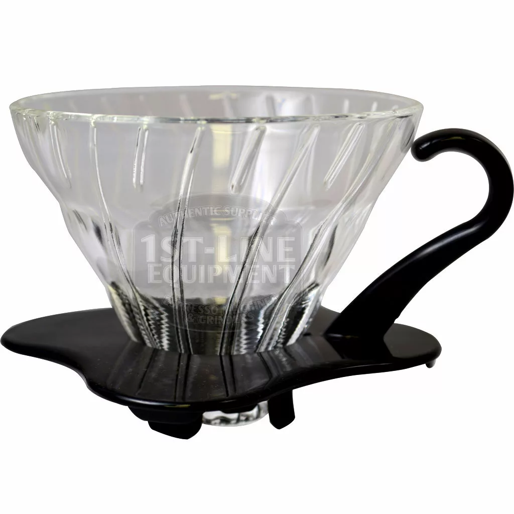 The DISCONTINUED Hario V60 01 Glass Coffee Dripper - Black features a clear glass ribbed cone with a black handle and base, designed in the iconic V60 style for precise pour-over brewing using paper filters. © 2025 1st-line.com