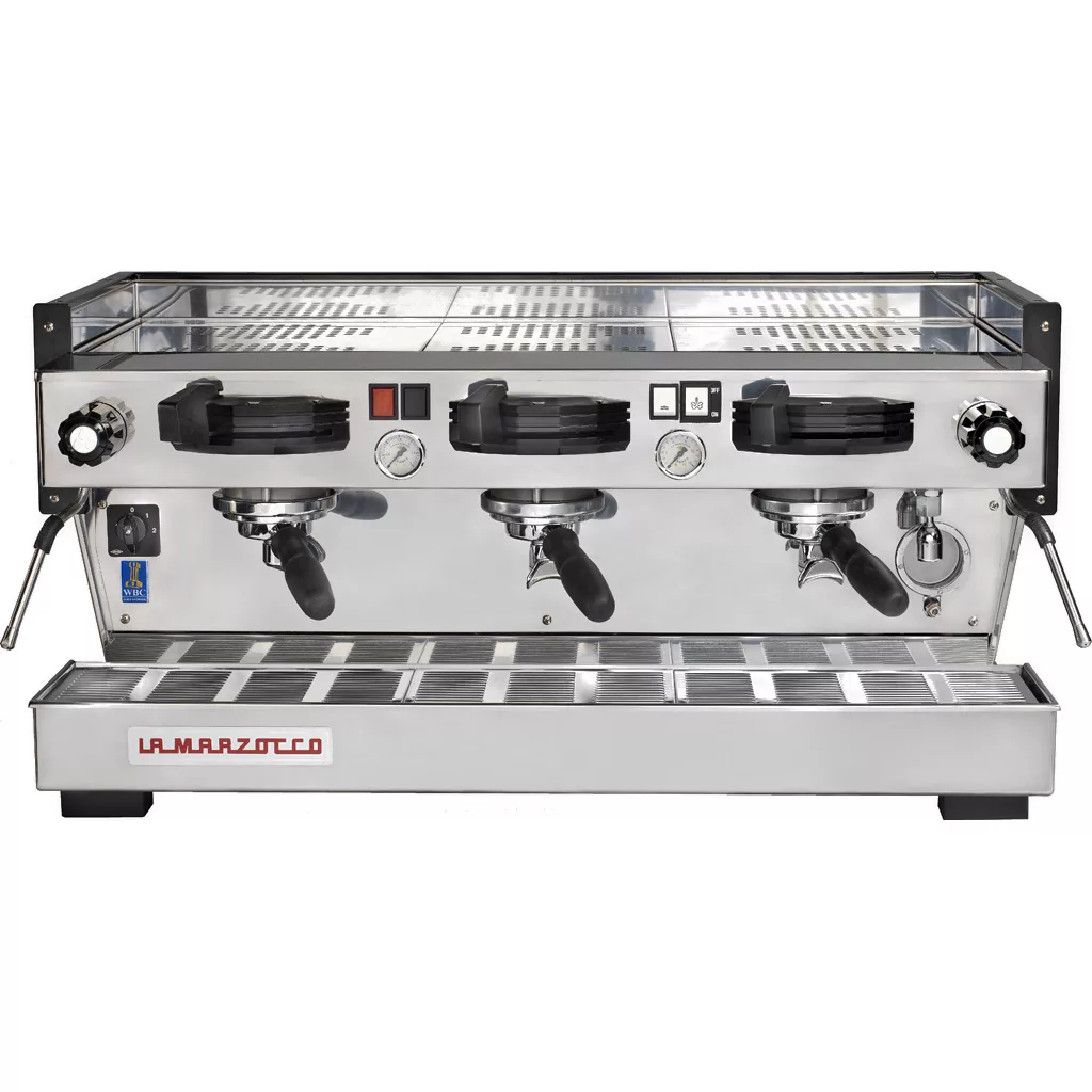 The DISCONTINUED La Marzocco Linea Classic 3 Group Semi Automatic Commercial Espresso Machine has three group heads, portafilters, control knobs, steam wands, and the signature La Marzocco logo on the front. © 2025 1st-line.com