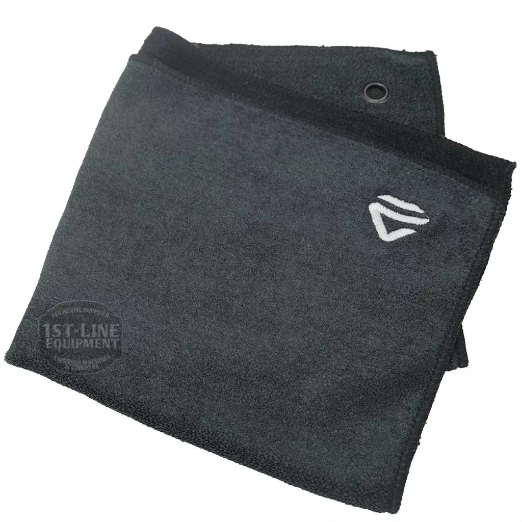 The DISCONTINUED Lelit MC972 Microfiber Cloth with Logo is a folded dark gray towel with a black border, small white logo in one corner, and metal grommet for hanging. Soft microfiber, shown on a plain background. © 2025 1st-line.com