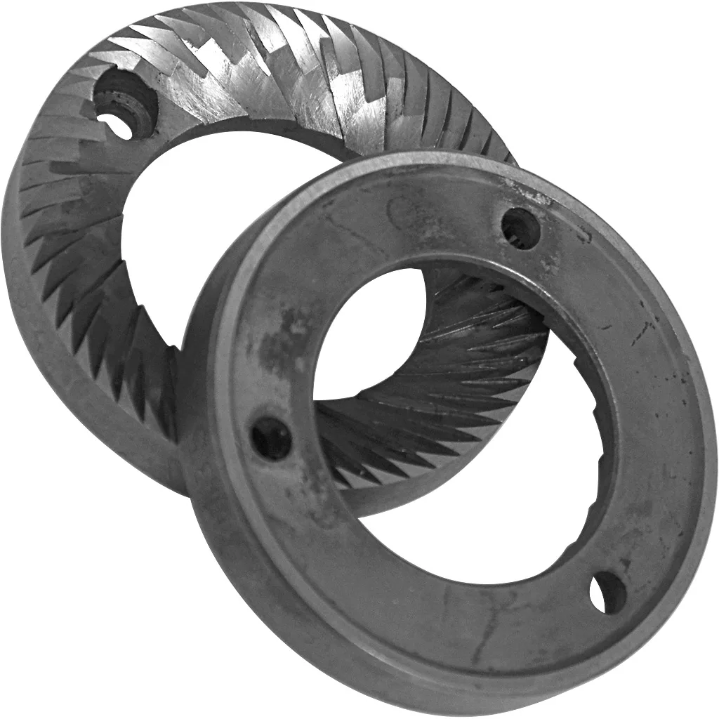 The DISCONTINUED Macap C0004M135A 58mm Flat Grinding Burrs (set of 2), with sharp, angled teeth, screw holes, and a central opening, are shown interlocked on a white background. © 2025 1st-line.com