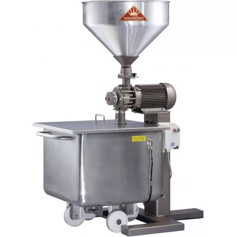 The DISCONTINUED Mahlkonig DK 15 LS Commercial Industrial Coffee Grinder features a metal hopper, side motor, and a wheeled stainless steel grounds container. The machine is branded MAHLKÖNIG. © 2025 1st-line.com