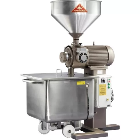 The discontinued Mahlkonig DK27 LVH Industrial Coffee Grinder features a metal hopper, control panel, and wheeled container for bulk coffee grinding. © 2025 1st-line.com