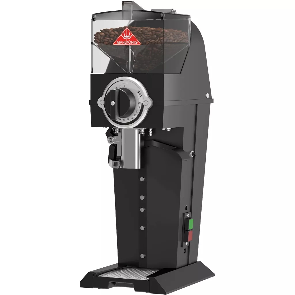 The discontinued Mahlkonig Guatemala Lab commercial coffee grinder in black features a transparent bean hopper, grind size dial, rectangular base with side controls—perfect for food service use. © 2025 1st-line.com