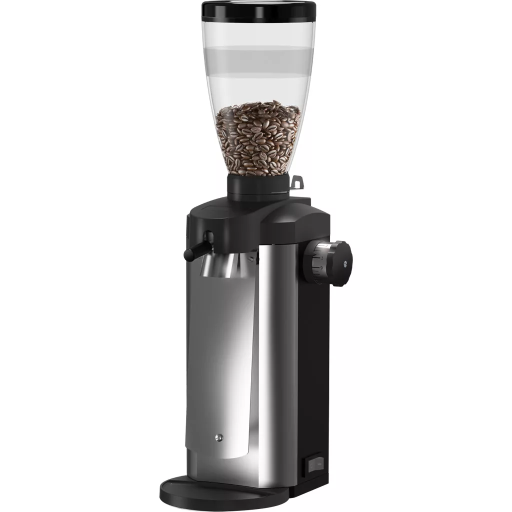 The DISCONTINUED Mahlkonig Tanzania Retail Shop Coffee Grinder features a transparent bean hopper, black and silver body, side dial, and metal dispenser chute—ideal for retail coffee grinding needs. © 2025 1st-line.com