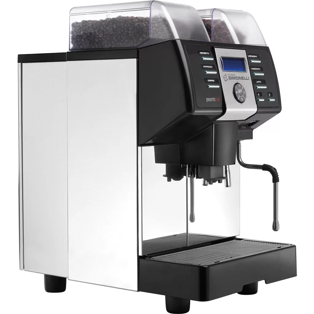 The DISCONTINUED Nuova Simonelli Prontobar Commercial Espresso Machine features two bean hoppers, digital display, dual spouts, steam wand, and a sleek metallic finish. © 2025 1st-line.com