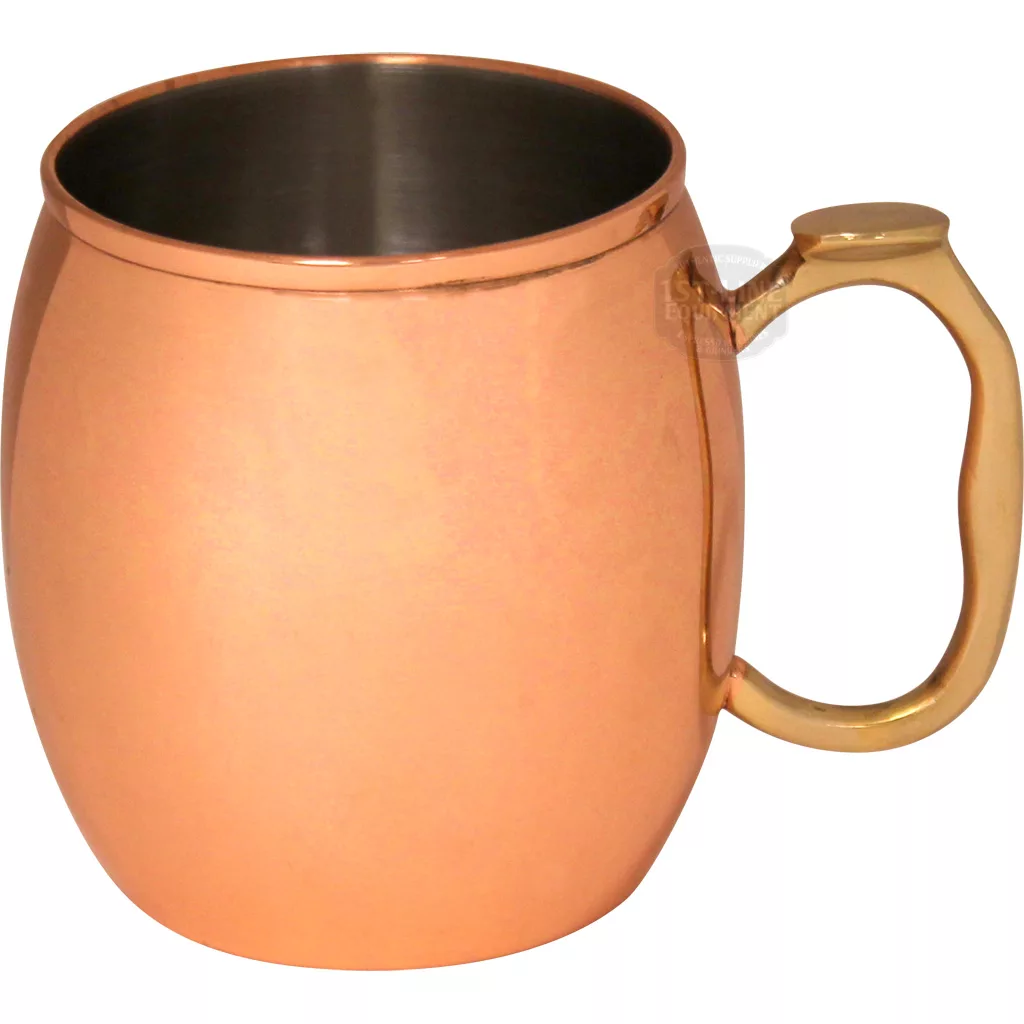 The DISCONTINUED OGGI Moscow Mule Mug set includes two 20 oz mugs with rounded bodies, gold-colored handles, and metallic silver interiors—ideal for serving cocktails. © 2025 1st-line.com