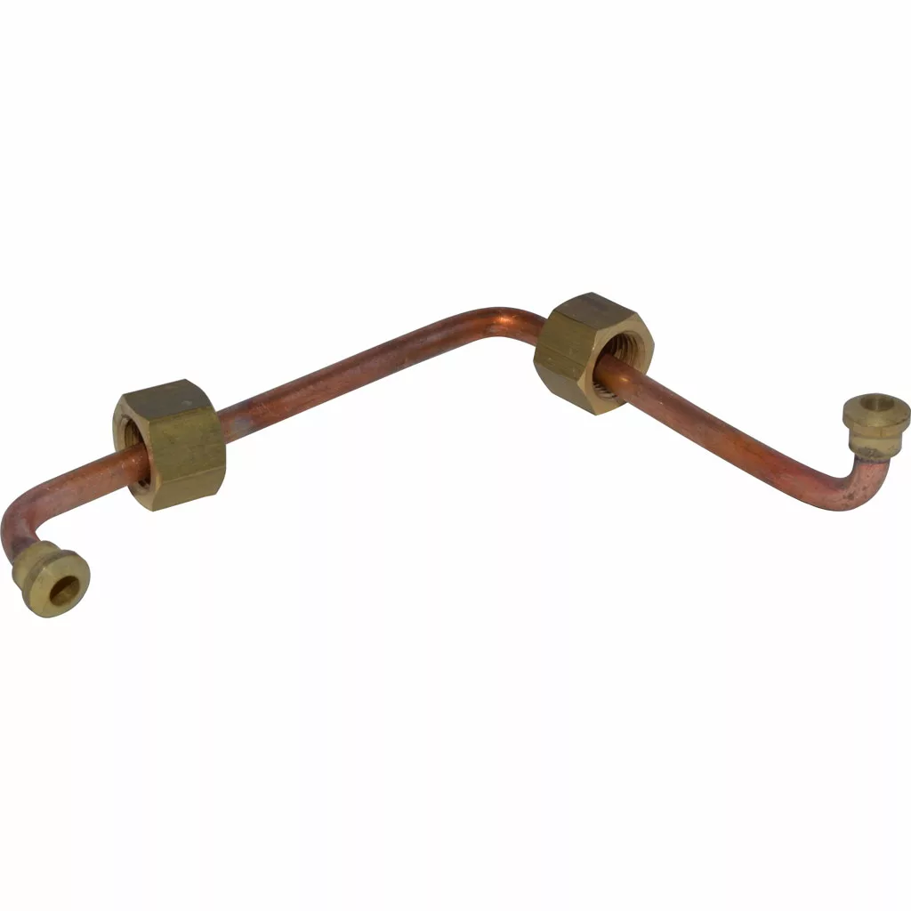 The DISCONTINUED Rancilio 10-042-266 Copper Pipe from Boiler to Steam Valve for Silvia is a bent copper pipe with two brass compression fittings and a smaller fitting on one end, made for plumbing or refrigeration use. © 2025 1st-line.com