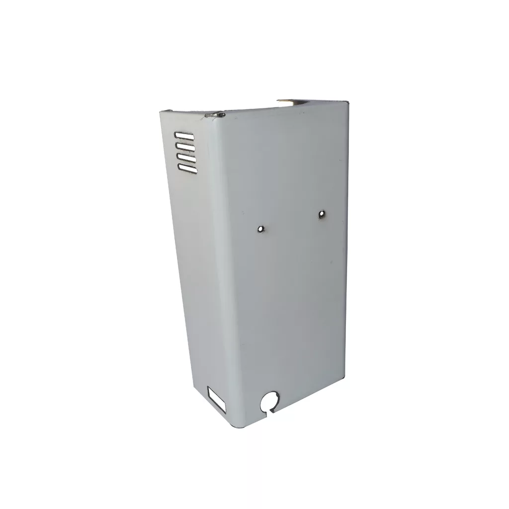 The DISCONTINUED Rancilio 10781355 Rear Body Panel - new version is a rectangular, light gray metal enclosure with ventilation slots, screw holes, and a bottom cutout. Displayed on white. © 2025 1st-line.com