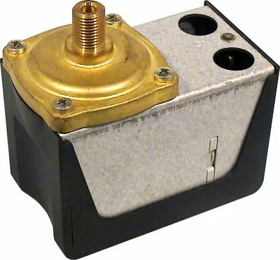 The discontinued Sirai 34200111 Pressurestat (UL) for Rancilio has a brass top, threaded connector, and a metal/black plastic rectangular housing with two circular openings on the upper surface. © 2025 1st-line.com