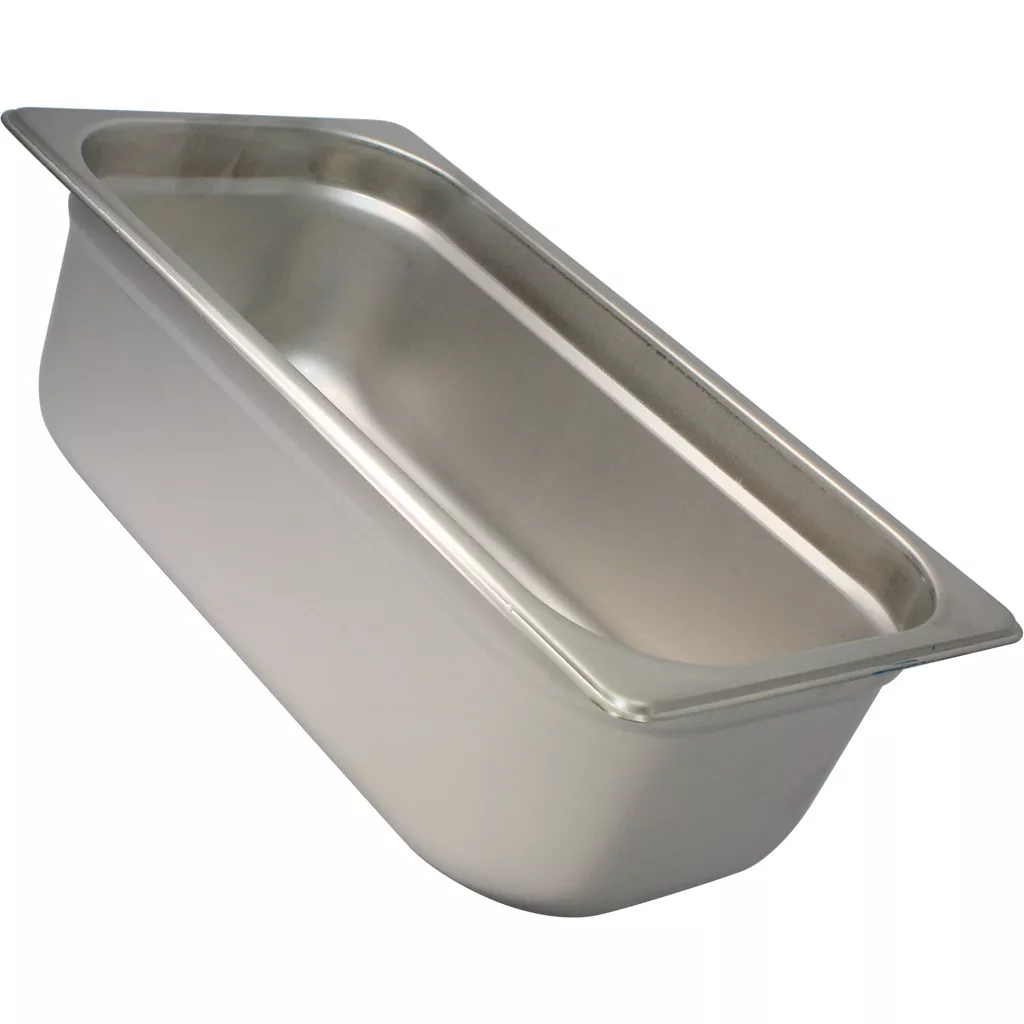 The DISCONTINUED Update International Large Dump Box Pan is a 11 x 6 stainless steel food pan, 4 deep, with rounded corners and a smooth surface—ideal for storing or serving food in commercial kitchens. © 2025 1st-line.com