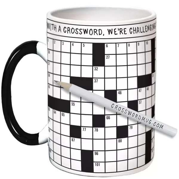 The DISCONTINUED UPG Crossword Puzzle Coffee Mug is a white mug with a black handle and printed crossword. It comes with a pencil labeled CROSSWORDMUG.COM for solving the puzzle. © 2025 1st-line.com