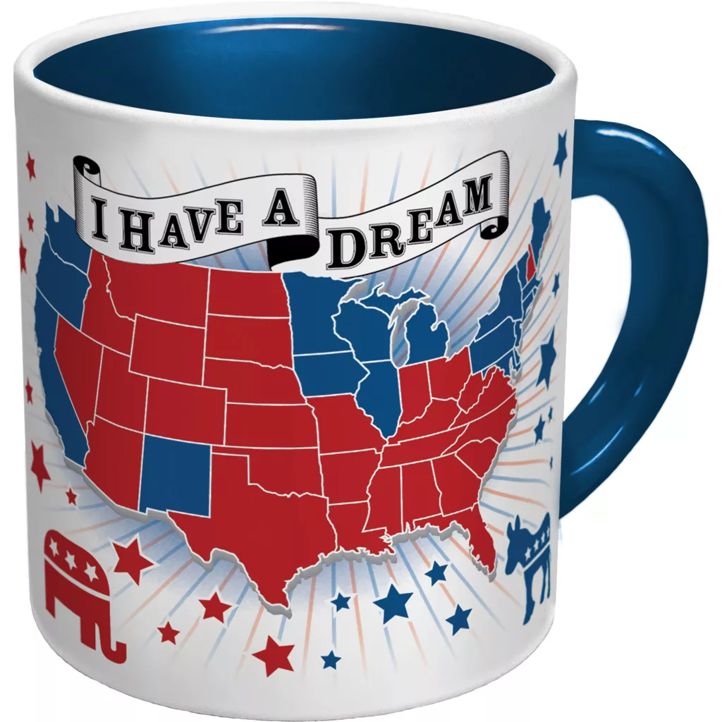 The DISCONTINUED UPG Democratic Dream Coffee Mug displays a U.S. map with red and blue states, I HAVE A DREAM banner, Republican elephant, Democratic donkey symbols, and stars. © 2025 1st-line.com