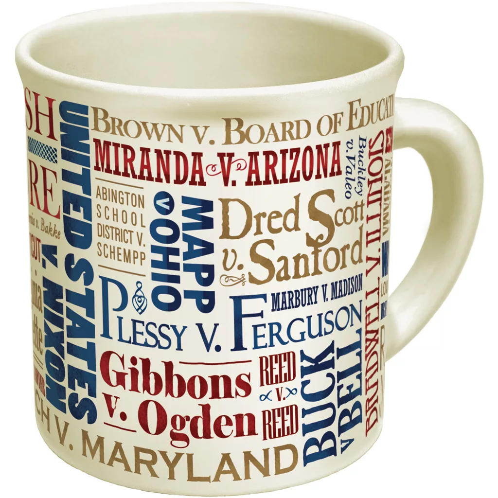 The DISCONTINUED UPG Great Supreme Court Cases Coffee Mug features colorful text with famous cases like Miranda v. Arizona, Dred Scott v. Sanford, Plessy v. Ferguson, and Marbury v. Madison. © 2025 1st-line.com