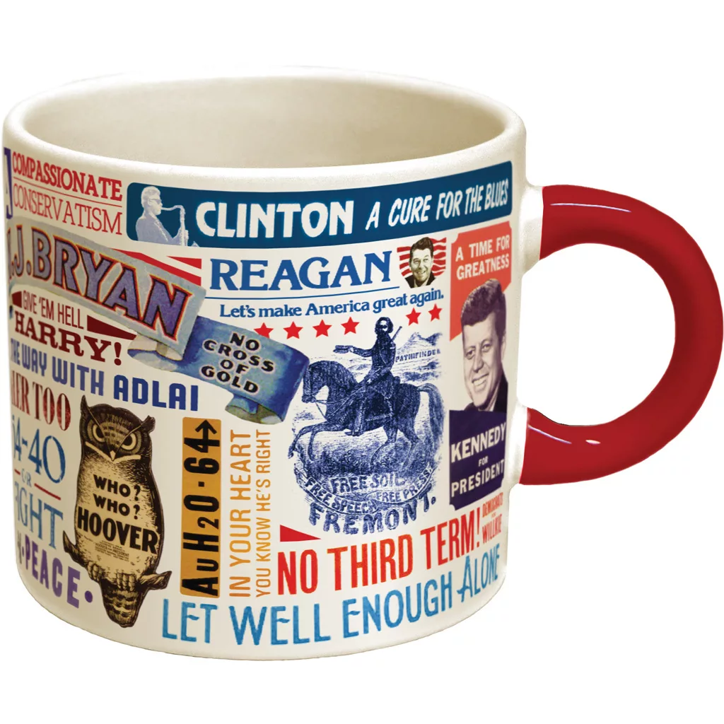 The DISCONTINUED UPG Presidential Slogans Coffee Mug has a red handle and displays colorful vintage slogans, portraits, and memorabilia from various U.S. presidential campaigns and candidates. © 2025 1st-line.com