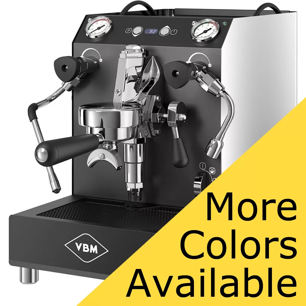 The DISCONTINUED VBM Domobar Super V4 Dual Boiler PID Switchable Espresso Machine displays dual pressure gauges and steam wands on a white background, with a yellow “More Colors Available” banner in the lower right corner. © 2025 1st-line.com