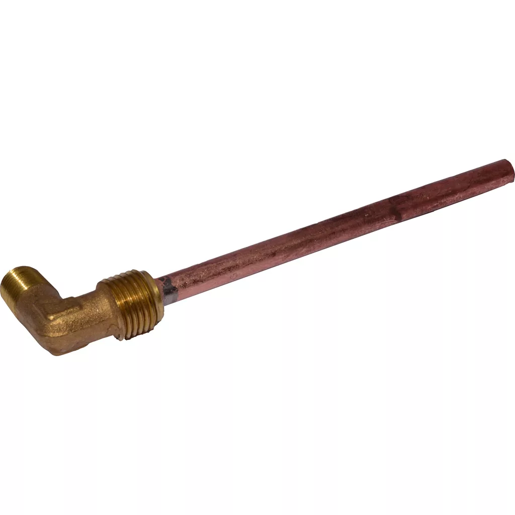 The ECM C229900393 Injection Pipe features a brass elbow fitting with threading for plumbing connections and a long, straight copper pipe extending from the joint, ideal for use in ECM systems. © 2025 1st-line.com