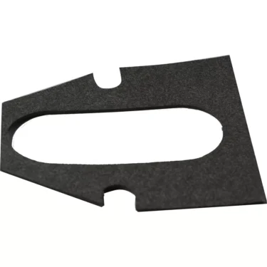 The ECM C449900767 E61 Grouphead Back Gasket is a thin, black, irregular gasket with a central oval cutout and two small semi-circular edge notches; designed for use with E61 groupheads. © 2025 1st-line.com