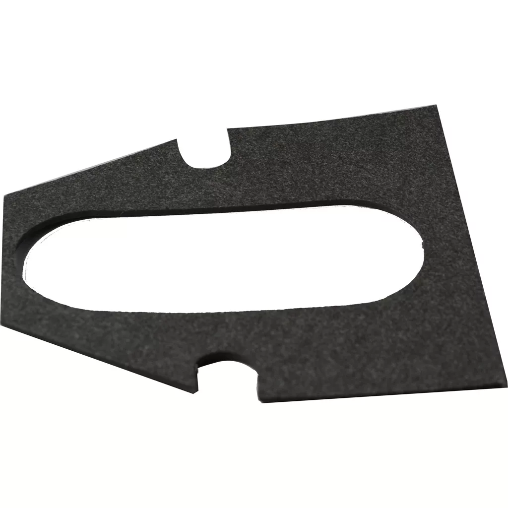 The ECM C449900767 E61 Grouphead Back Gasket is a thin, black, irregular gasket with a central oval cutout and two small semi-circular edge notches; designed for use with E61 groupheads. © 2025 1st-line.com