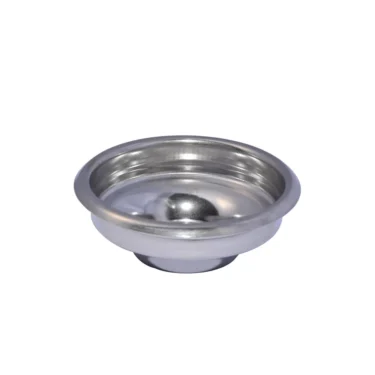 The ECM C619900104 58mm 1-Cup Filter Basket is a small, round stainless steel basket with a slightly raised rim, shown on a white background. © 2025 1st-line.com
