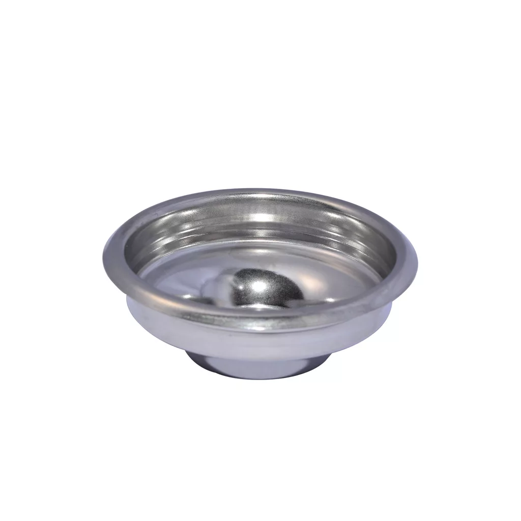 The ECM C619900104 58mm 1-Cup Filter Basket is a small, round stainless steel basket with a slightly raised rim, shown on a white background. © 2025 1st-line.com