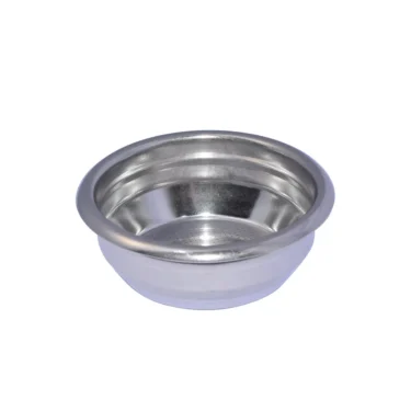 The ECM C619900105 58mm 2-Cup Filter Basket, a small, round stainless steel basket with a shiny surface, is displayed against a plain white background. © 2025 1st-line.com