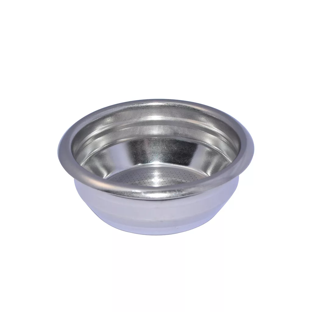 The ECM C619900105 58mm 2-Cup Filter Basket, a small, round stainless steel basket with a shiny surface, is displayed against a plain white background. © 2025 1st-line.com
