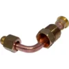 The ECM P2015 Grouphead Pipe features copper construction with brass threaded and compression fittings, forming a curved elbow shape—ideal for espresso machine plumbing or HVAC applications. © 2025 1st-line.com