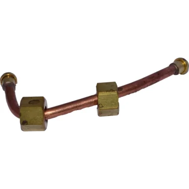 The ECM P2018 Boiler to Steam Valve Pipe is a bent copper pipe with two hexagonal brass fittings and flared ends, designed for ECM P2018 Boiler systems, shown on a white background. © 2025 1st-line.com