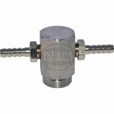 The ECM P6019 Water Tank Lower Adapter is a metal fitting with hose barbs on both ends and 1st-Line Equipment branding engraved on the front. © 2025 1st-line.com