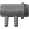 The ECM P6020.K4 Upgraded Adapter is a gray plastic fitting with a threaded end and two downward hose barbs, ideal for connecting two hoses to one port as an under water tank platform adapter. © 2025 1st-line.com