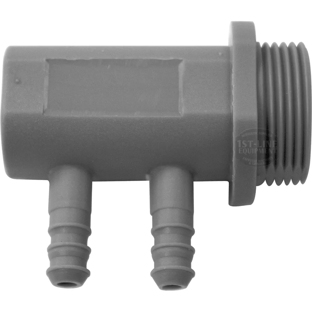 The ECM P6020.K4 Upgraded Adapter is a gray plastic fitting with a threaded end and two downward hose barbs, ideal for connecting two hoses to one port as an under water tank platform adapter. © 2025 1st-line.com