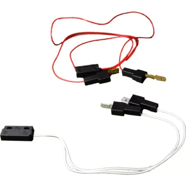The ECM P6022 Reed Sensor/Probe, available in red or white (subject to stock), features a black plastic housing with metal terminals and attached wires; ideal for ECM P6022 applications. © 2025 1st-line.com