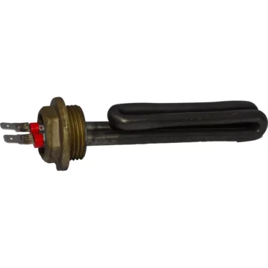 The ECM US1003 110V Heating Element is a black, U-shaped component with a brass threaded base and two metal connectors on one end, shown isolated on a white background. © 2025 1st-line.com
