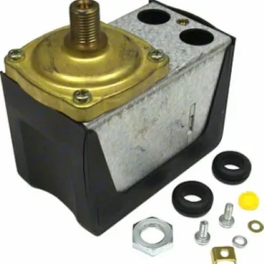 The Elektra 00049035 Pressure Switch, featuring a metal and brass body with a black plastic base, comes with screws, washers, a nut, gasket, and yellow cap—all displayed on a white surface. © 2025 1st-line.com