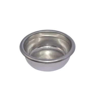 The Elektra 00066035 58mm 2-Cup Filter Basket is made of stainless steel with small holes at the bottom, designed for use in espresso machines. It is empty and displayed against a plain white background. © 2025 1st-line.com