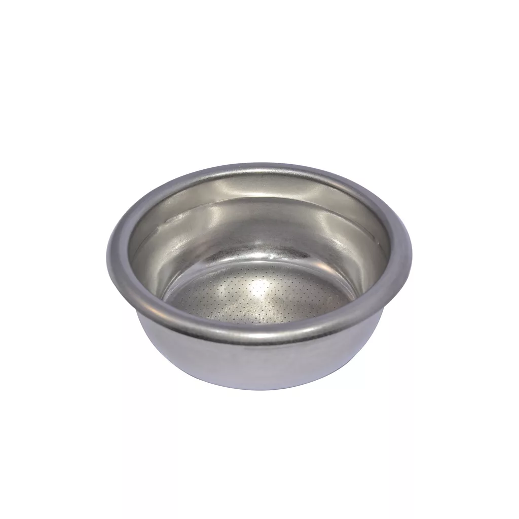 The Elektra 00066035 58mm 2-Cup Filter Basket is made of stainless steel with small holes at the bottom, designed for use in espresso machines. It is empty and displayed against a plain white background. © 2025 1st-line.com