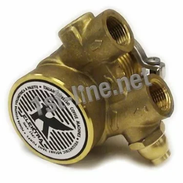 The Elektra 00096035 100 Liter Rotary Vane Pump is a brass valve component with multiple threaded ports and a round label, designed for espresso coffee machines and supporting up to 100 liters. © 2025 1st-line.com