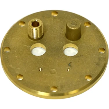 The Elektra 00132014 Boiler End Plate for Microcasa A Leva features a round brass design with eight edge holes, one open and one sealed central hole, plus threaded and solid cylindrical posts. © 2025 1st-line.com