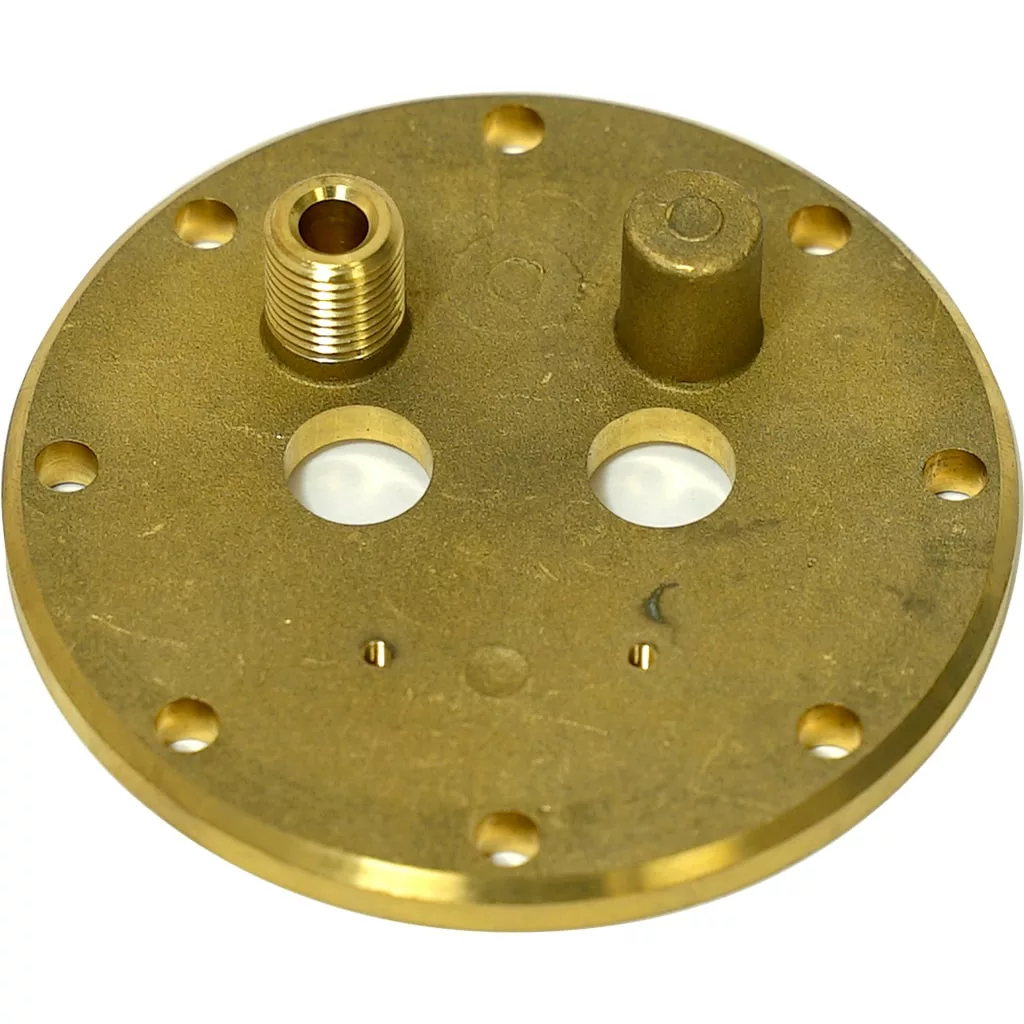 The Elektra 00132014 Boiler End Plate for Microcasa A Leva features a round brass design with eight edge holes, one open and one sealed central hole, plus threaded and solid cylindrical posts. © 2025 1st-line.com