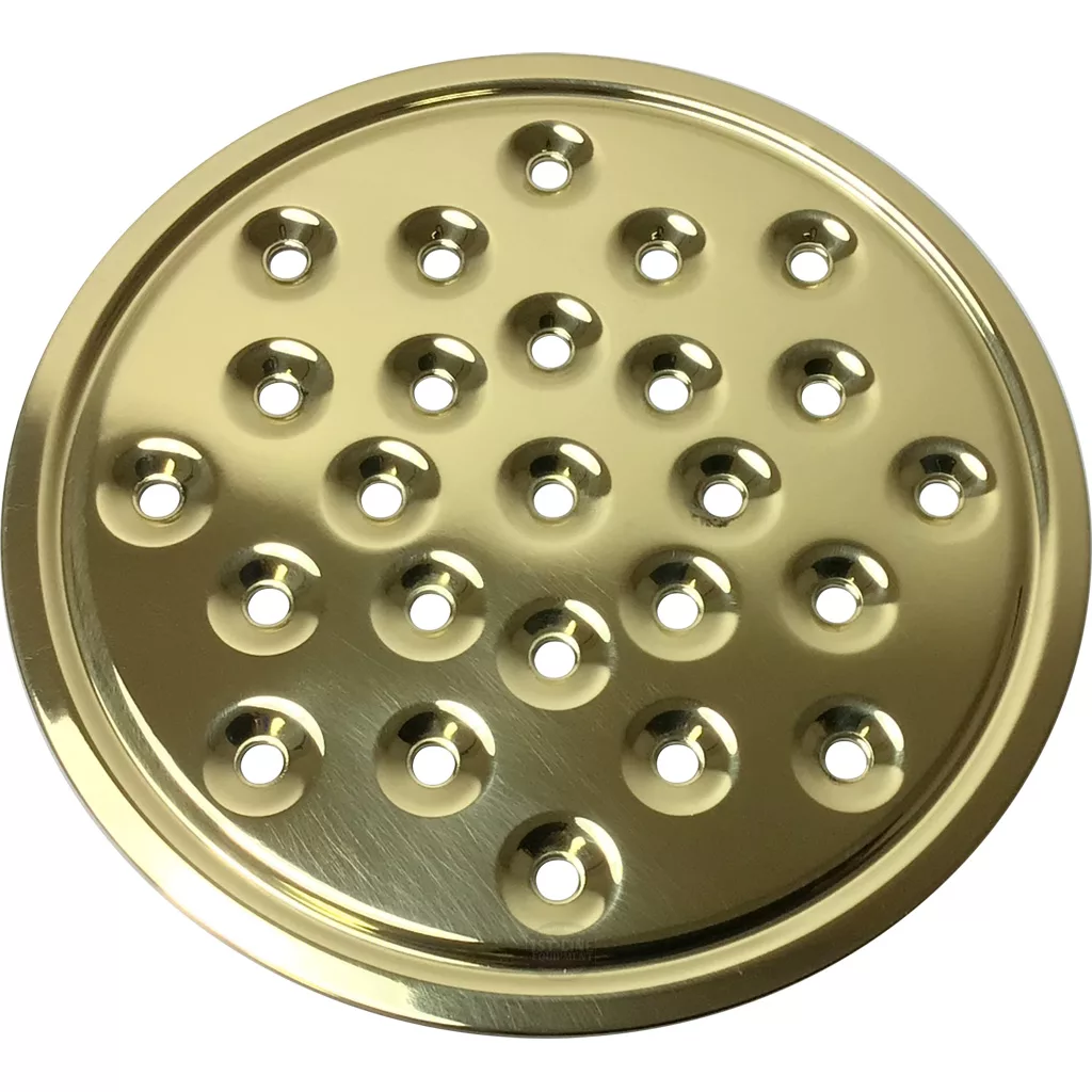 The Elektra 00156019 Brass Drip Tray Plate is a gold-colored, round plate featuring evenly spaced holes in concentric circles, resembling a decorative drain cover or strainer. © 2025 1st-line.com