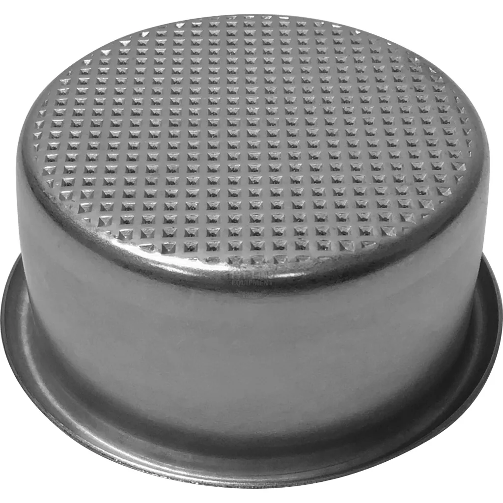 The Elektra 00163035 49mm 2-Cup Filter Basket is shown upside down, displaying a silver base with a textured, raised square pattern and smooth sides for a sleek look. © 2025 1st-line.com