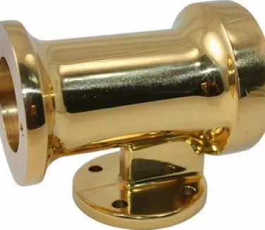 The Elektra 00167019 Brass Grouphead is a shiny brass T-shaped pipe fitting with a round base and three openings, designed for mounting and connecting pipes at right angles; ideal as a grouphead component. © 2025 1st-line.com