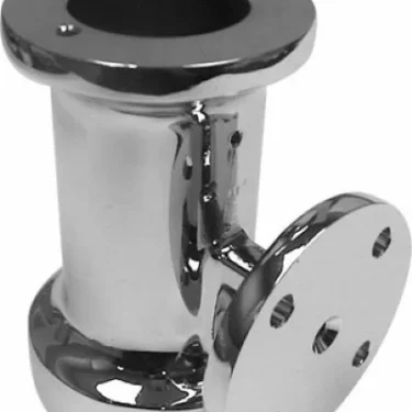 The Elektra 00167021 Chrome Grouphead is a shiny, cylindrical metal pipe fitting with two round flanges, each with multiple holes for mounting. It features a polished, reflective finish. © 2025 1st-line.com