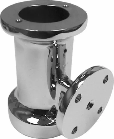 The Elektra 00167021 Chrome Grouphead is a shiny, cylindrical metal pipe fitting with two round flanges, each with multiple holes for mounting. It features a polished, reflective finish. © 2025 1st-line.com