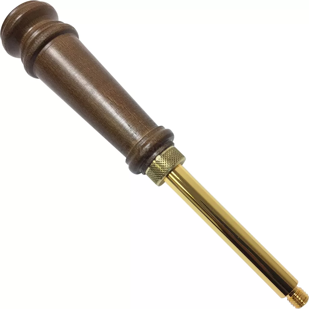 The Elektra 00176038 Wood/Brass Lever Assembly features a dark wooden grip and gold-colored brass shaft, ideal for tasks like leathercraft, woodworking, or engraving. © 2025 1st-line.com