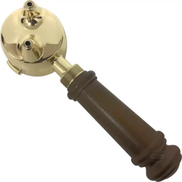 The Elektra 00187038 Wood / Brass Portafilter Assembly, featuring a gold-toned brass head and a dark wooden handle, is displayed against a white background. © 2025 1st-line.com